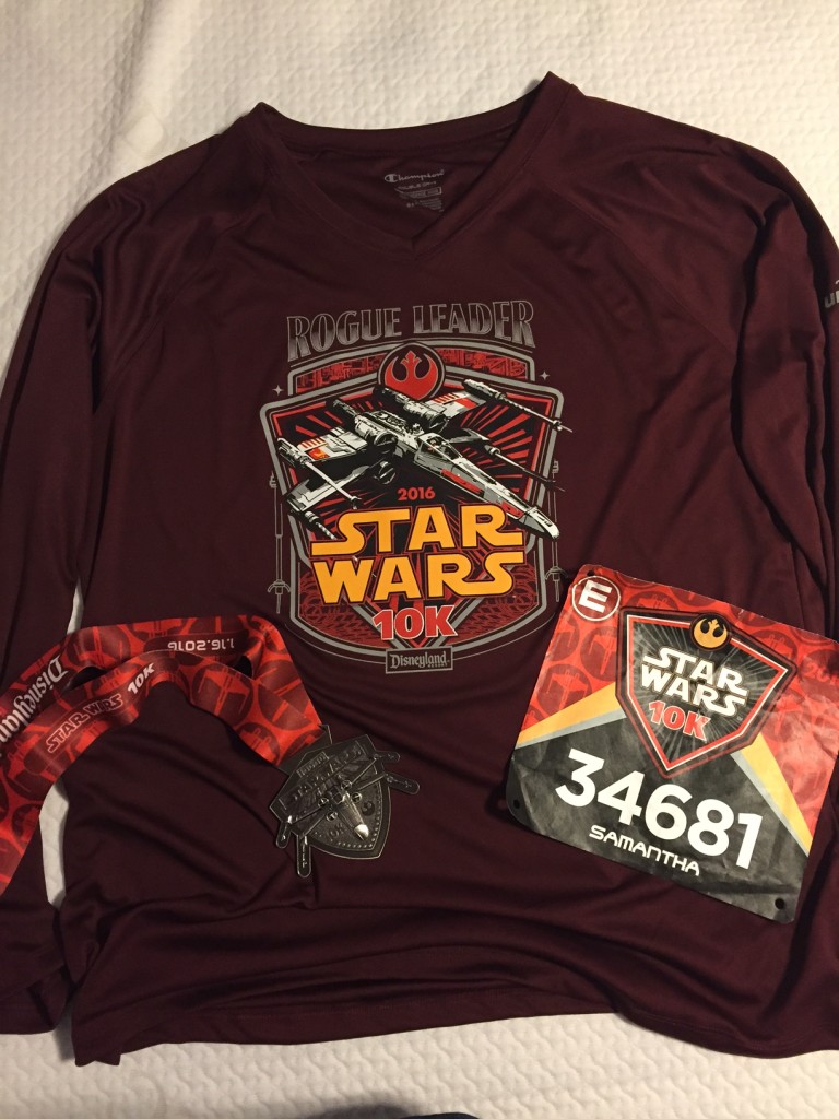 The loot: a long sleeve shirt, race bib, and medal.